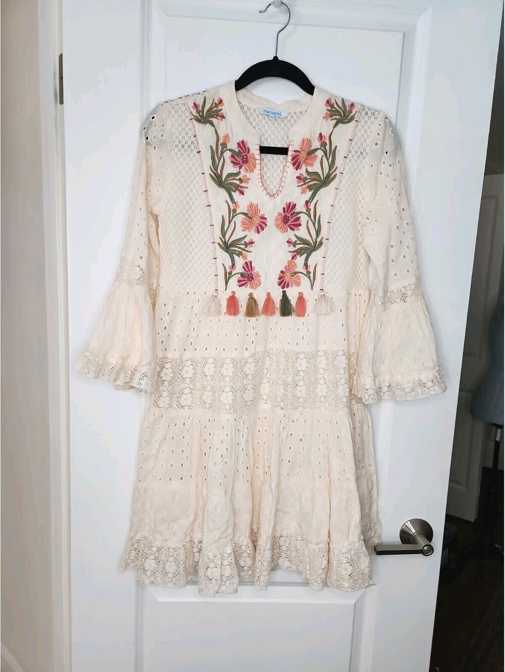 Blue Island Mini Dress Ruffle Sleeve Women's XS Cover Up White Embroidery SWIM